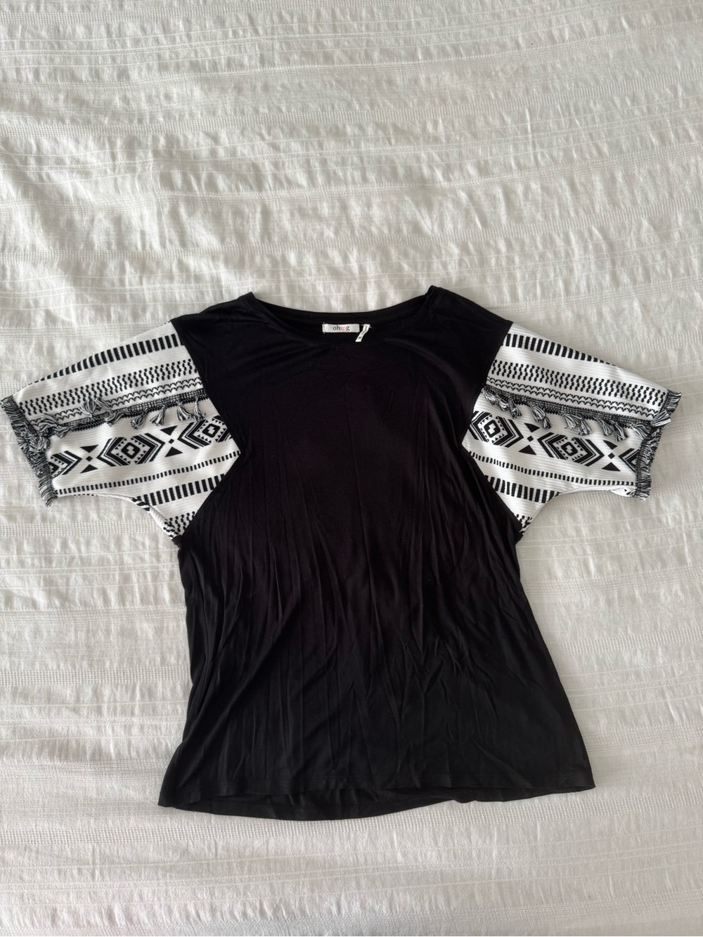 Women's Black Blouse with Monochrome Aztec Short Sleeves